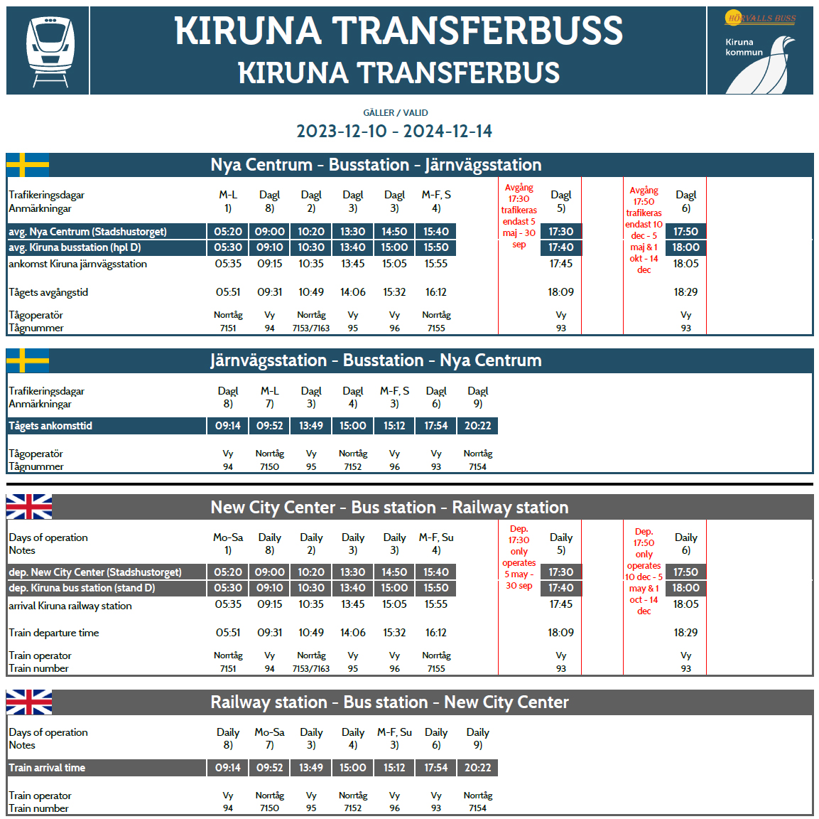 Transferbussen till järnvägsstation ny tidtabell Hörvalls Buss Kiruna